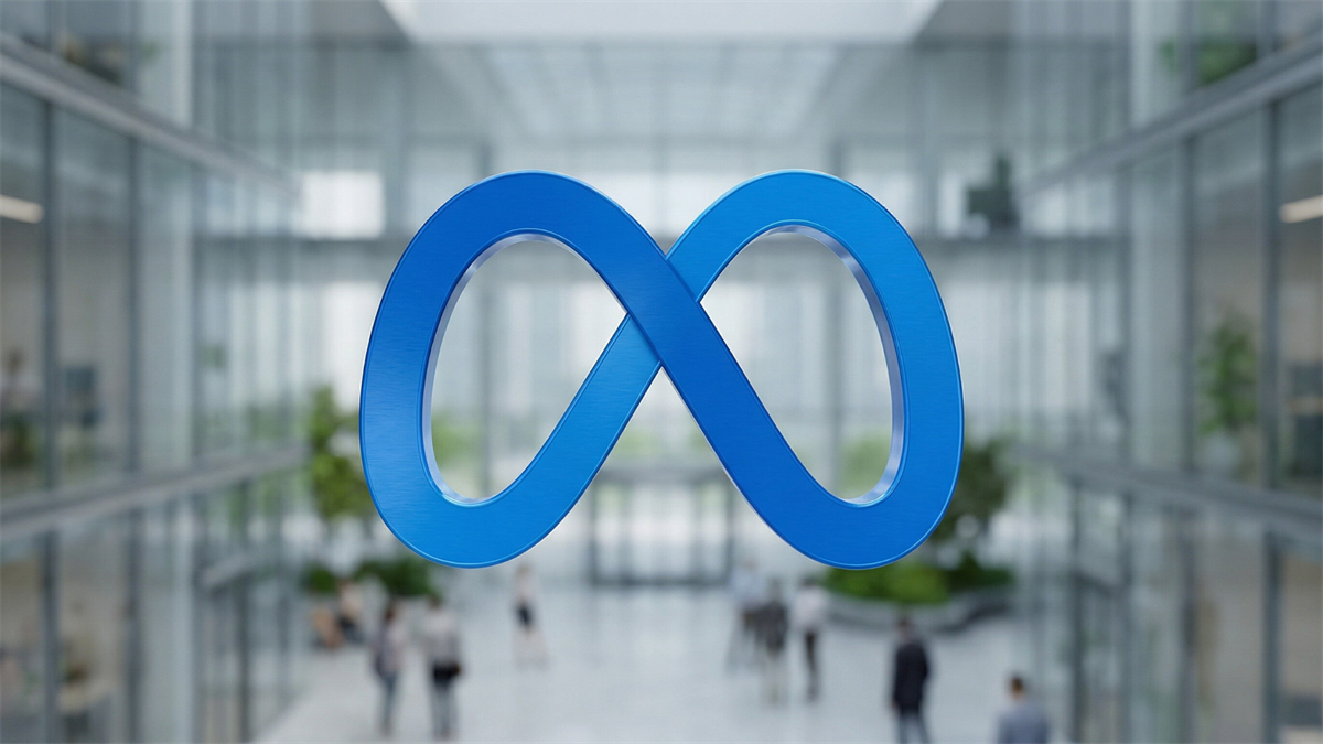 Meta logo displayed prominently in a modern office atrium, representing AI-driven restructuring and efficiency push in social media industry.