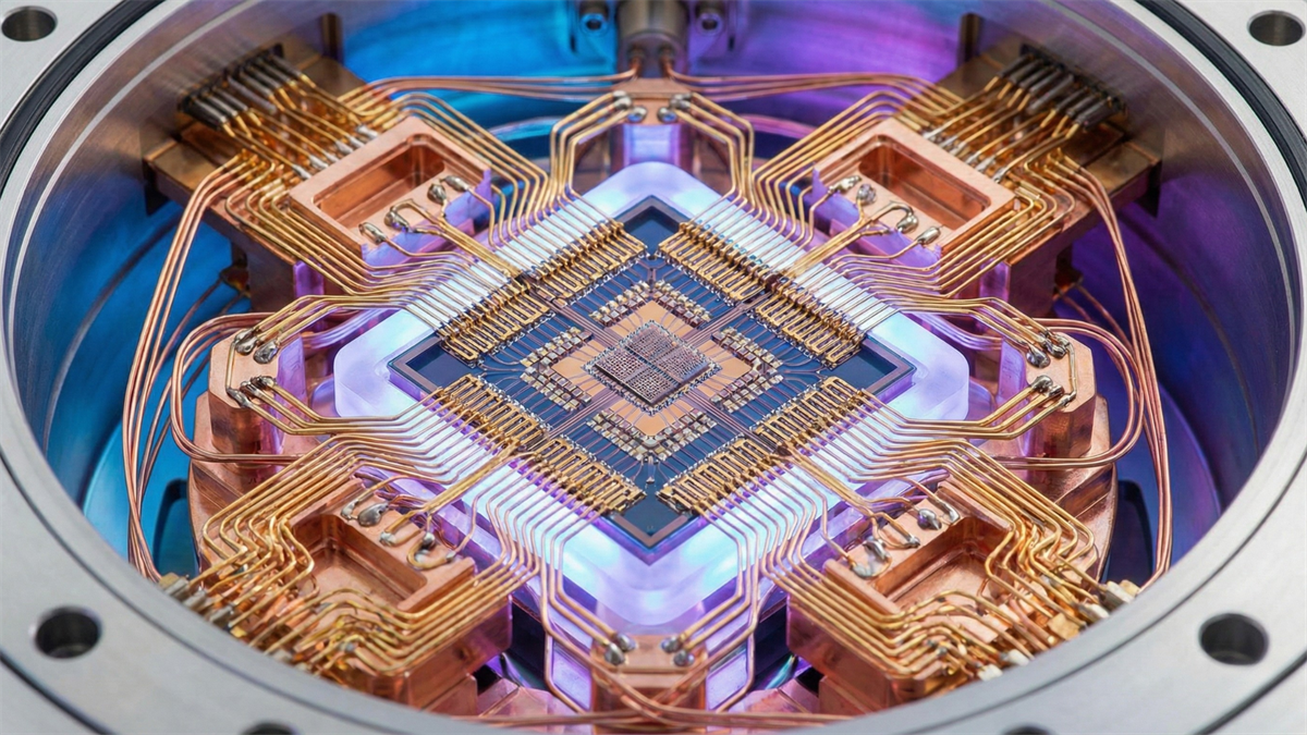 Close-up of a quantum computing chip. 