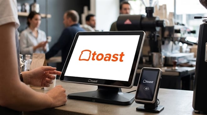 Toast point-of-sale terminal and card reader displayed on a restaurant counter.