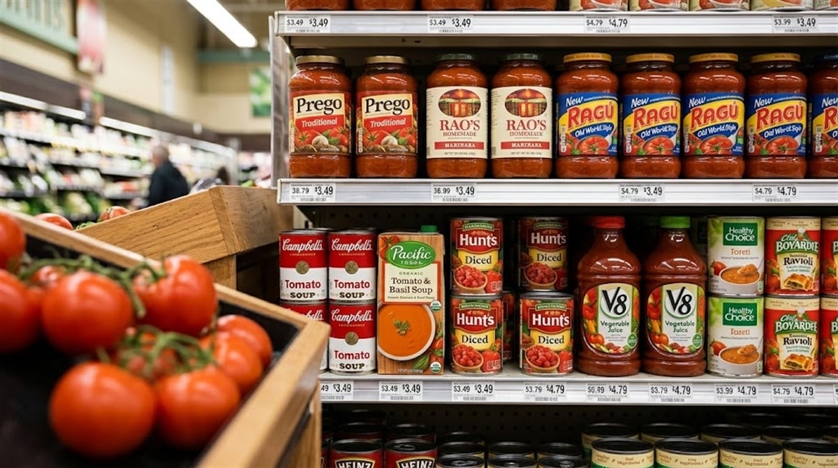 Grocery store shelf displaying pasta sauce and canned tomato product brands including Prego, Rao's, Ragu, Campbell's, and Hunt's.