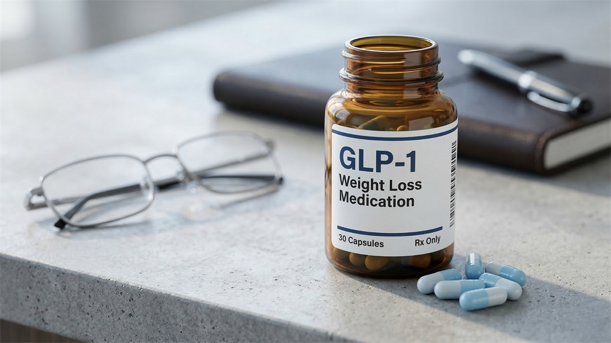 GLP-1 weight-loss medication bottle and capsules on a desk with glasses and notebook, illustrating the expanding obesity drug market.