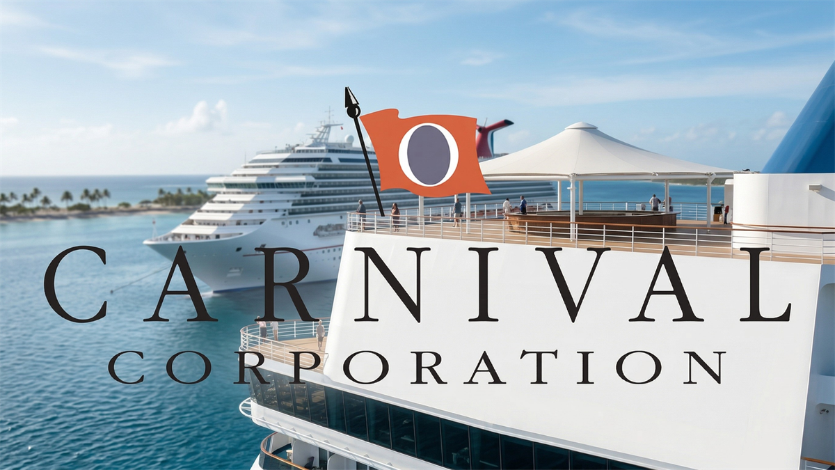 Carnival Corp cruise ship deck with logo flag overlooking ocean, highlighting cruise industry strength and branding.