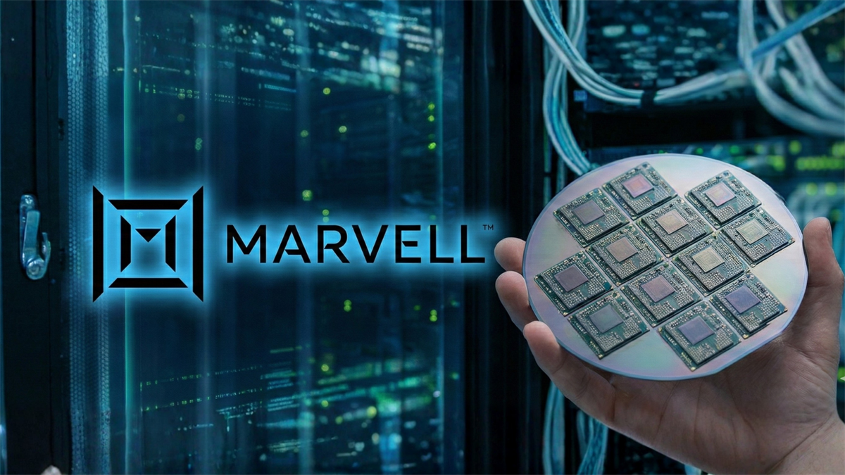 Marvell Technology branding beside a hand holding advanced semiconductor chips inside a data center, illustrating AI and custom chip development.