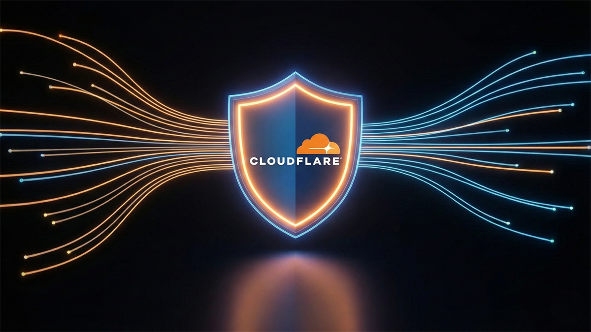 Neon Cloudflare shield blocking and channeling glowing data streams, symbolizing AI-driven cybersecurity traffic growth.