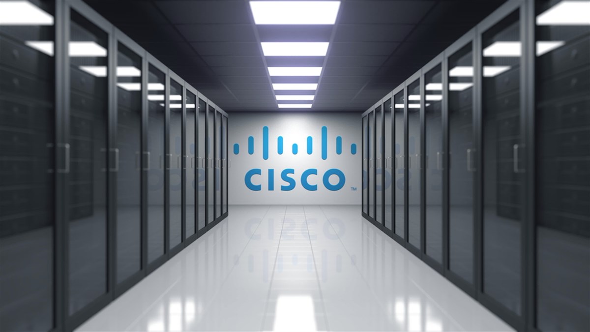 Cisco Systems logo on the wall of the server room. Editorial 3D