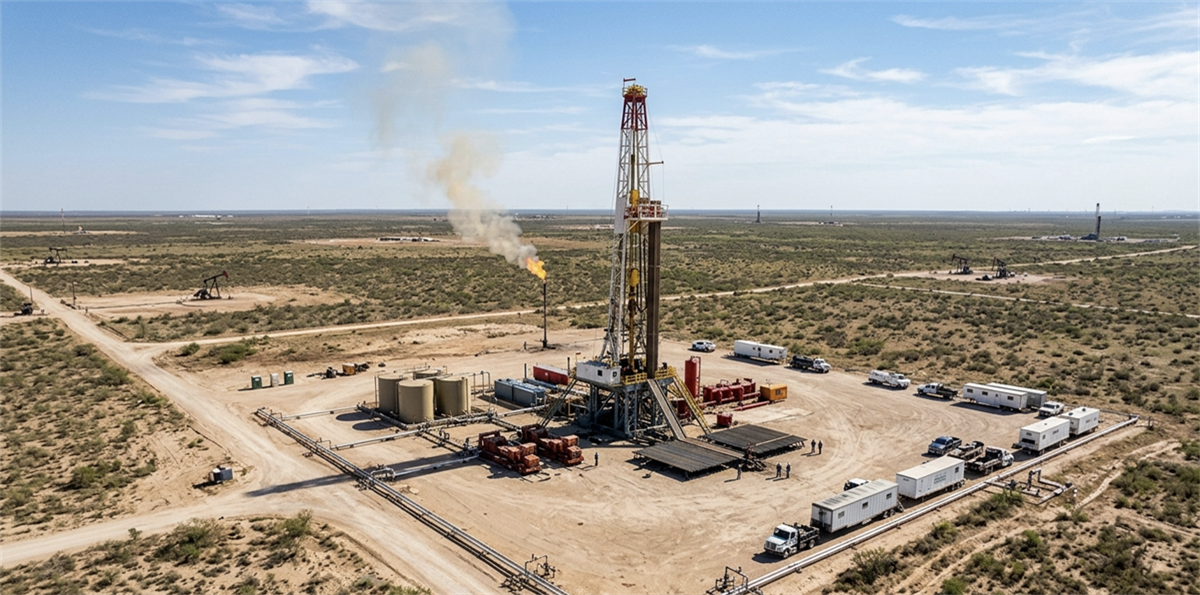 An aerial view of an active oil drilling rig in a vast, arid desert landscape with support vehicles, storage tanks, and a small gas flare under a blue sky.