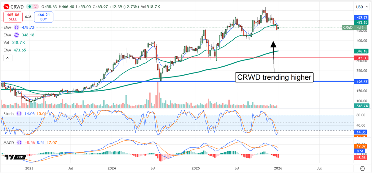 CRWD stock chart shows shares trending higher above key moving averages, signaling sustained momentum in cybersecurity stocks.