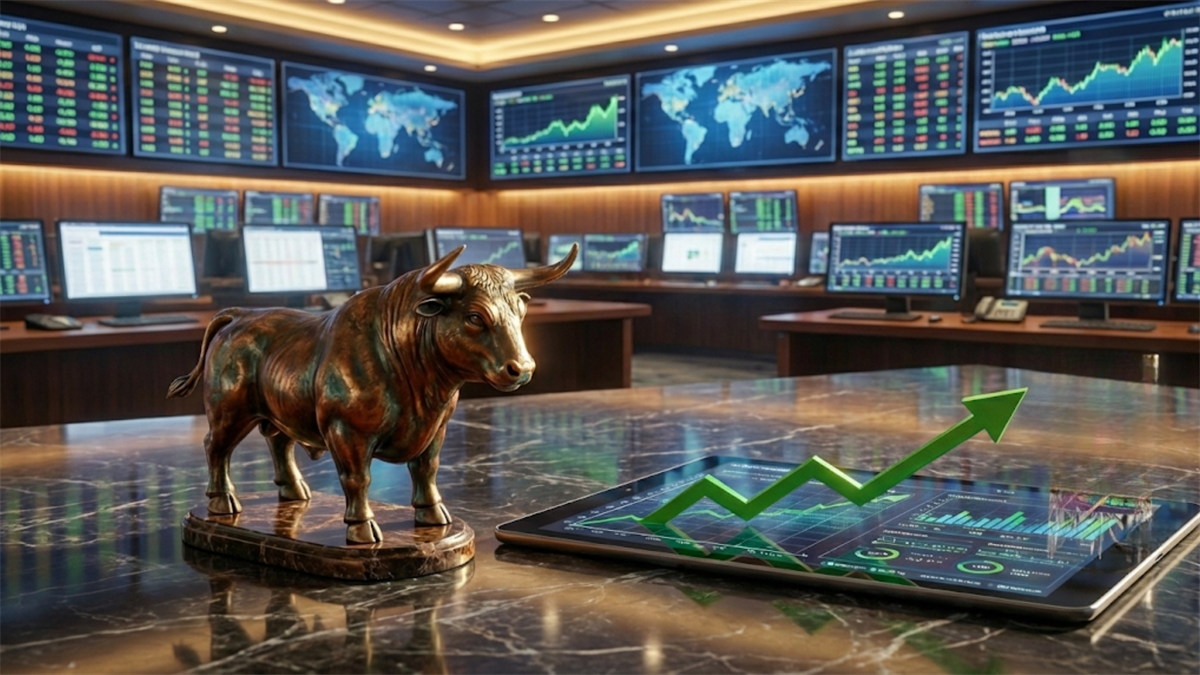 Bull statue beside a rising stock chart on a trading desk underscores bullish market sentiment.