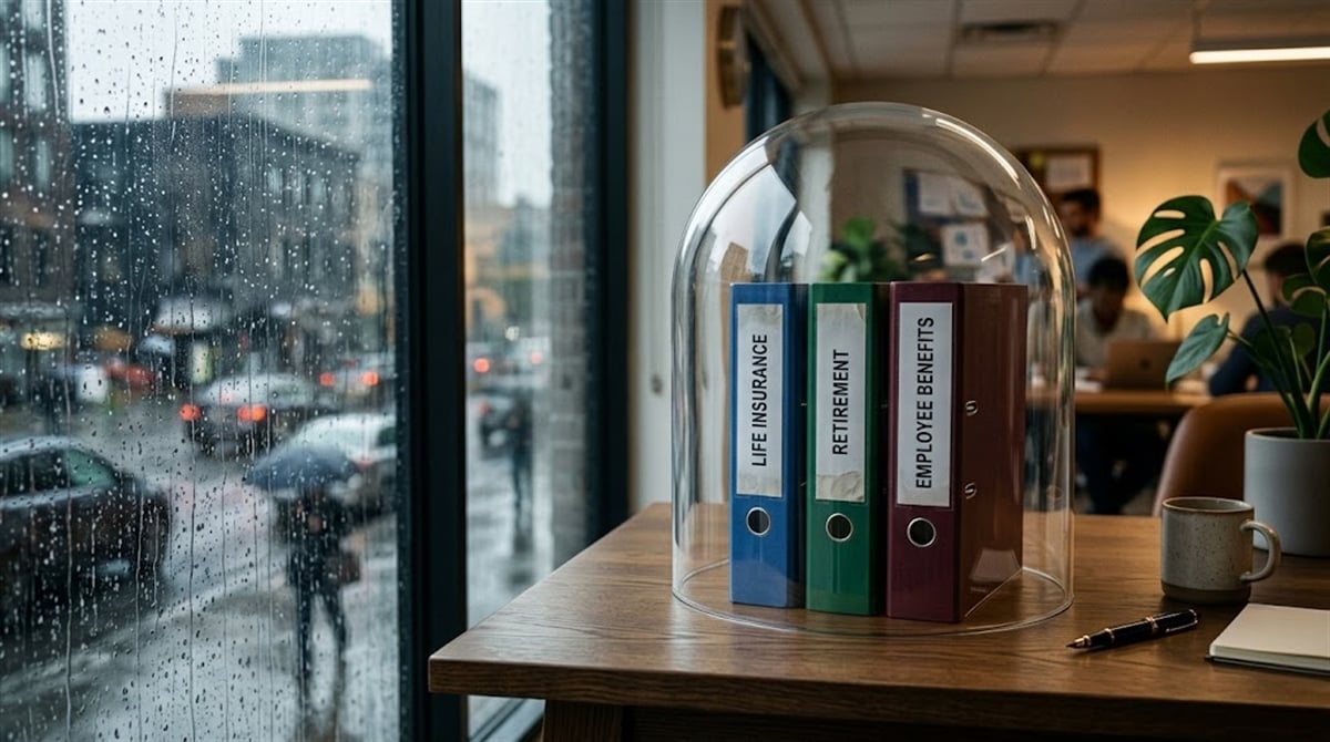 Three binders labeled Life Insurance, Retirement, and Employee Benefits sit under a glass dome on an office desk.