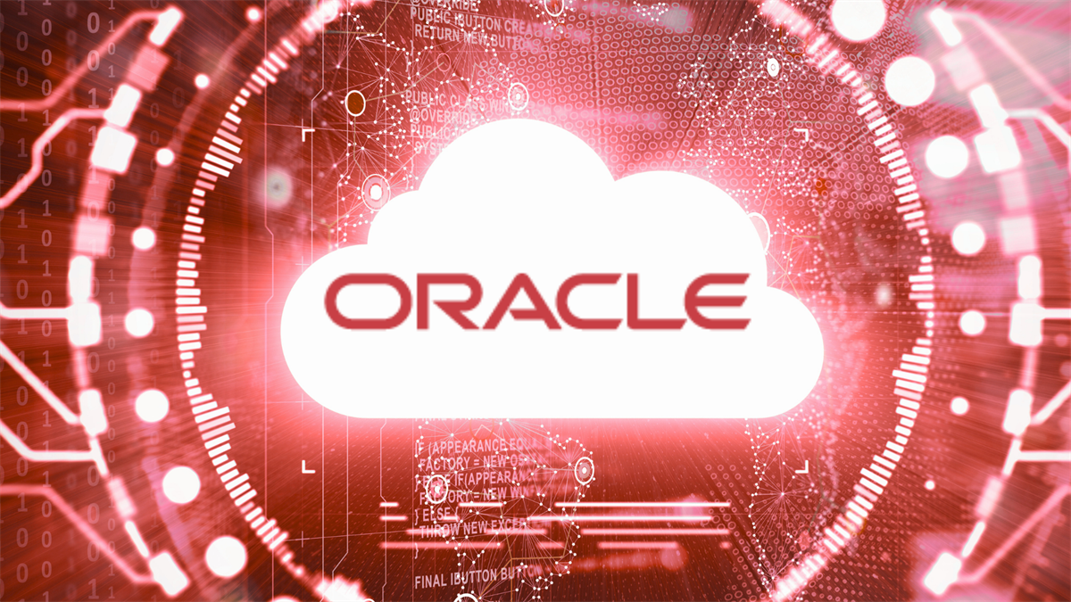 Oracle cloud logo over red digital network background, symbolizing AI-driven tech volatility and stock selloff in cloud computing sector.
