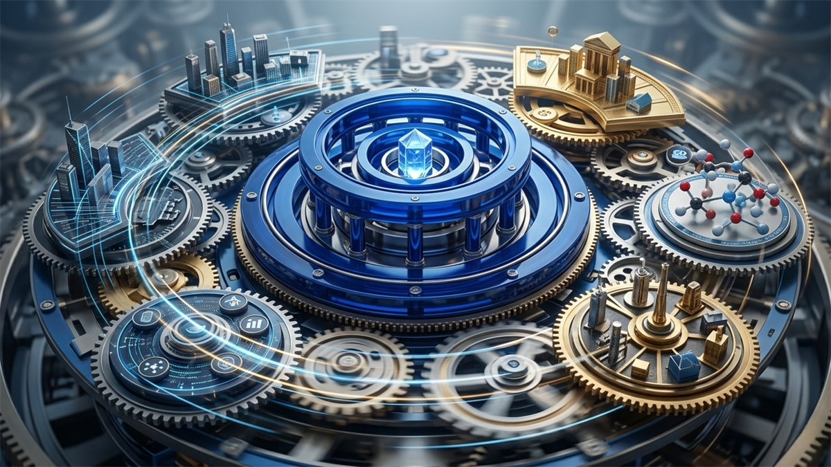 Interlocking gears with city, finance, and data icons circle a blue hub, indicating sector rotation.