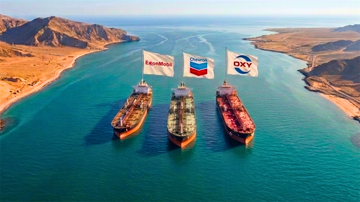 Oil tankers with ExxonMobil, Chevron and Oxy flags transit narrow strait.
