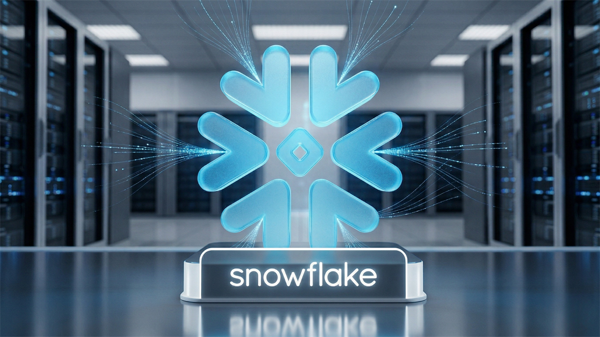Snowflake logo displayed in a data center, highlighting AI-driven cloud platform growth amid SaaS sell-off and bullish outlook.