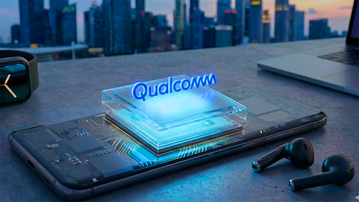 Qualcomm branding sits on a smartphone processor alongside connected devices.
