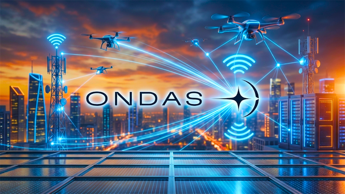 ONDAS logo over drones and wireless network links above a city skyline, highlighting industrial IoT connectivity.