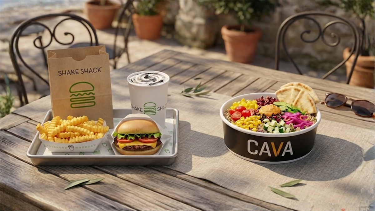 Shake Shack burger and fries beside a CAVA bowl on an outdoor table.