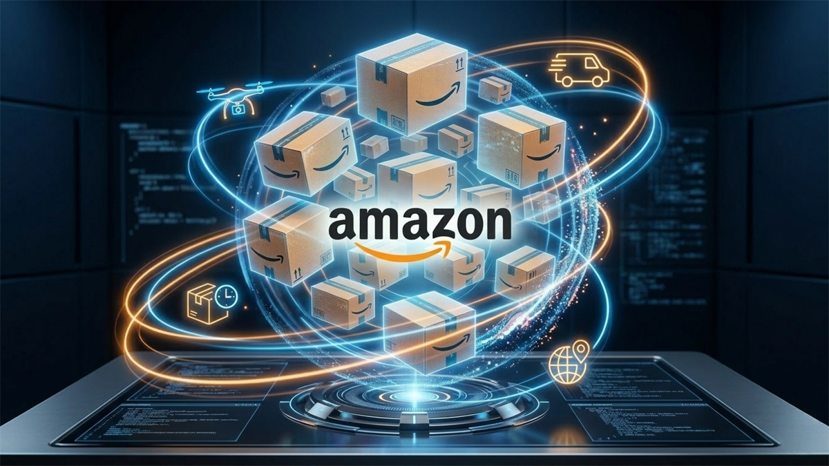Amazon logo with shipping boxes and logistics icons in digital globe.