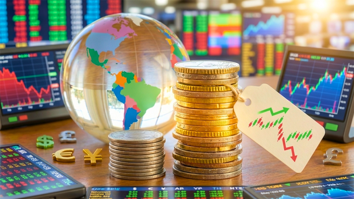 Global markets scene with globe, stacked coins and trading screens reflects currency moves.