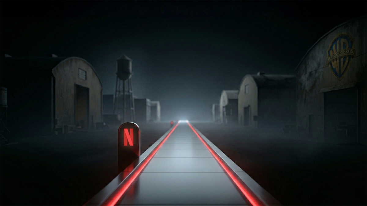 Netflix’s streaming platform symbolized by a red “N” advances past Warner Bros. studio lot, highlighting NFLX stock growth and shift to organic content strategy.