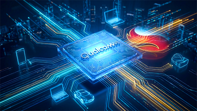 A stylized Qualcomm processor chip connected to icons representing smartphones, laptops, vehicles, and VR headsets.