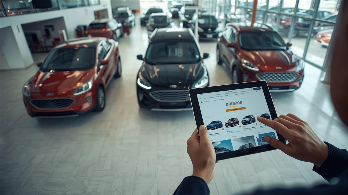 Tablet browsing Amazon car listings inside a Ford dealership underscores the brand’s capital-efficient retail strategy.