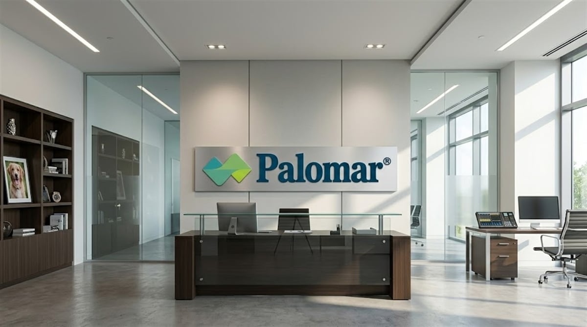 Palomar logo displayed on the wall of a modern corporate office reception area.