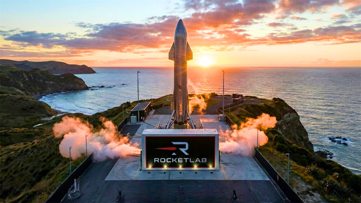 Rocket Lab launch pad at sunset with rocket, highlighting space launch services growth and aerospace stock focus.