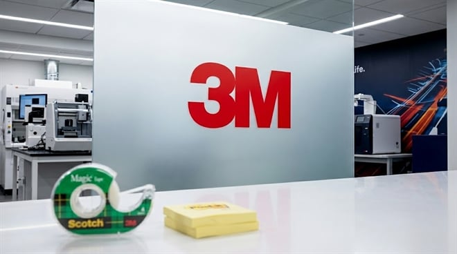 3M company logo displayed in a corporate facility alongside Scotch tape and Post-it note products.