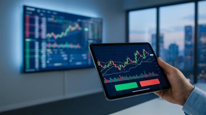 A hand holds a tablet displaying a candlestick stock chart, with a trading screen visible in the background.