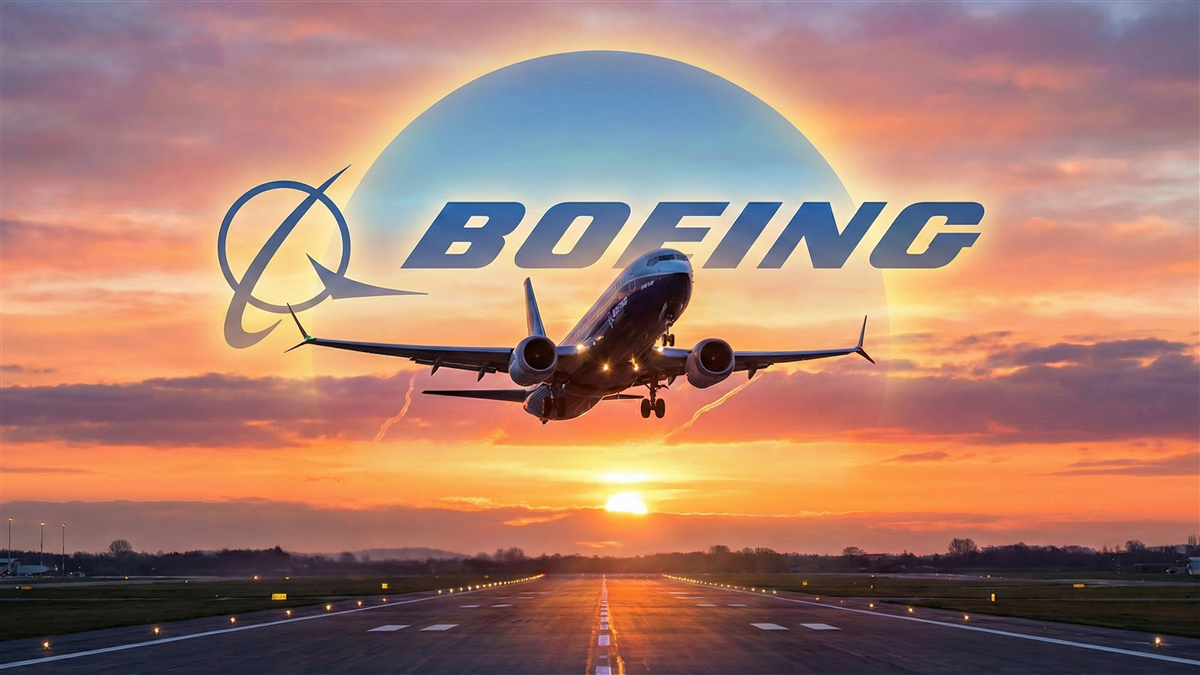Boeing logo rising behind a commercial jet taking off at sunrise