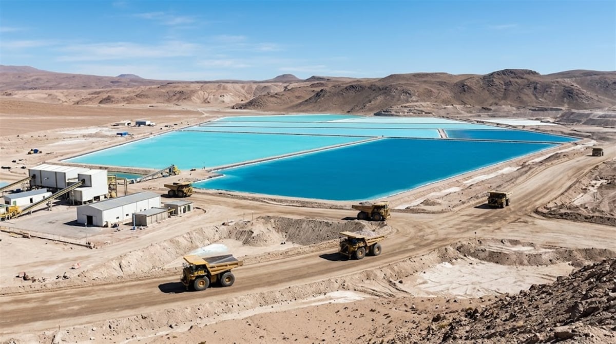 Aerial view of a lithium brine evaporation pond at an open-pit mining operation in a desert region.