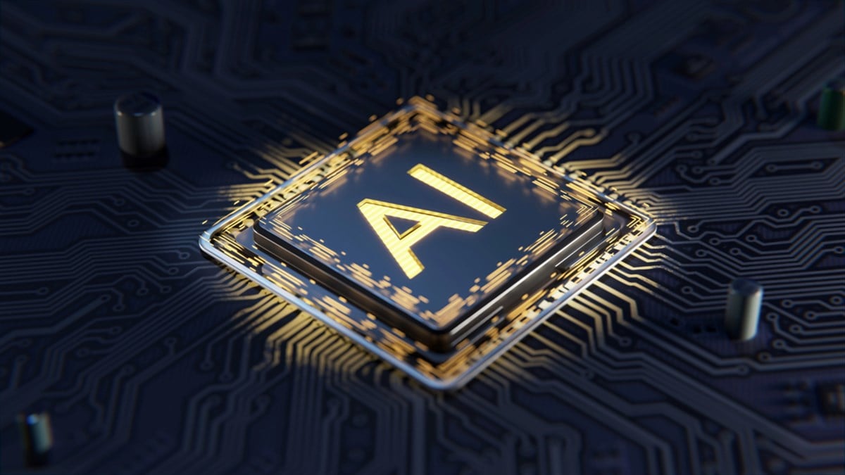 3D render AI artificial intelligence concept against random moving CPU central processing unit with brain HUD and FUI element. Ai algorithm process with chipset on the motherboard. Technology future