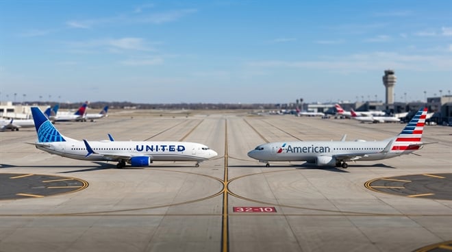 A United Airlines and an American Airlines aircraft face each other on an airport tarmac.
