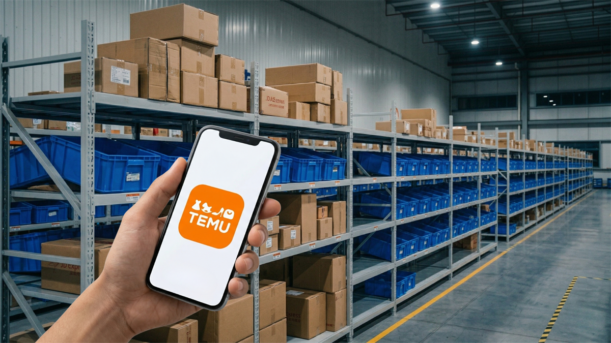 Hand holding smartphone with Temu app logo inside a large warehouse, highlighting PDD’s e-commerce logistics operations.