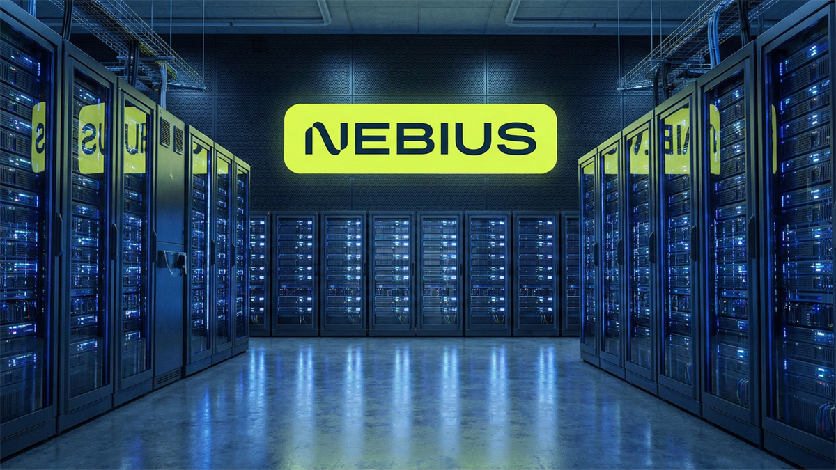 Nebius-branded AI data center server aisle with blue-lit racks and a glowing yellow Nebius sign overhead.