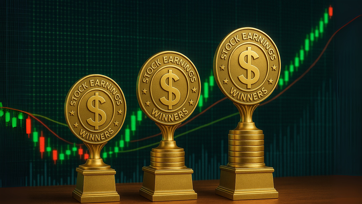 three stock earnings winners trophies with stock market chart background