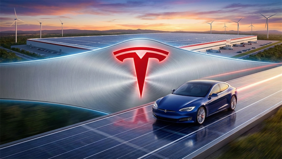 Tesla logo over Gigafactory solar roof and EV on roadway, highlighting electric vehicle growth.