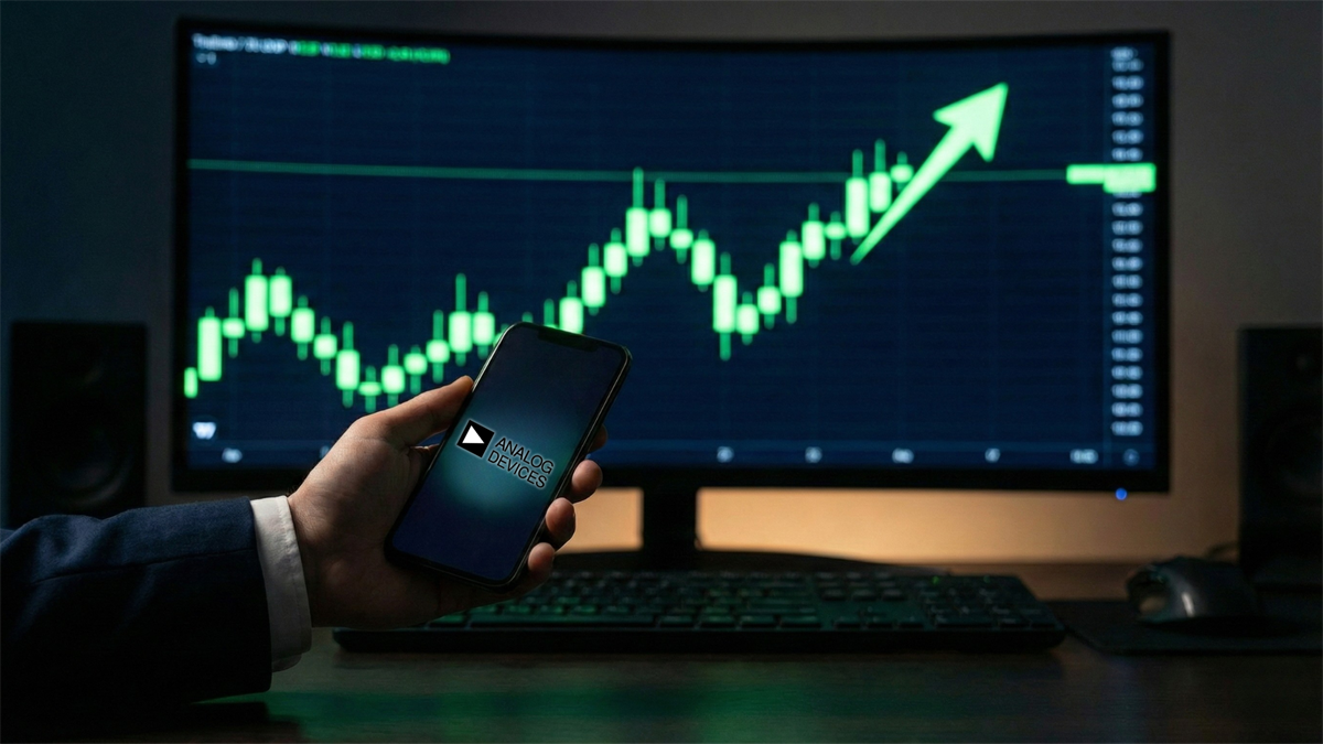 Hand holding smartphone with Analog Devices logo, stock chart rising on monitor in background