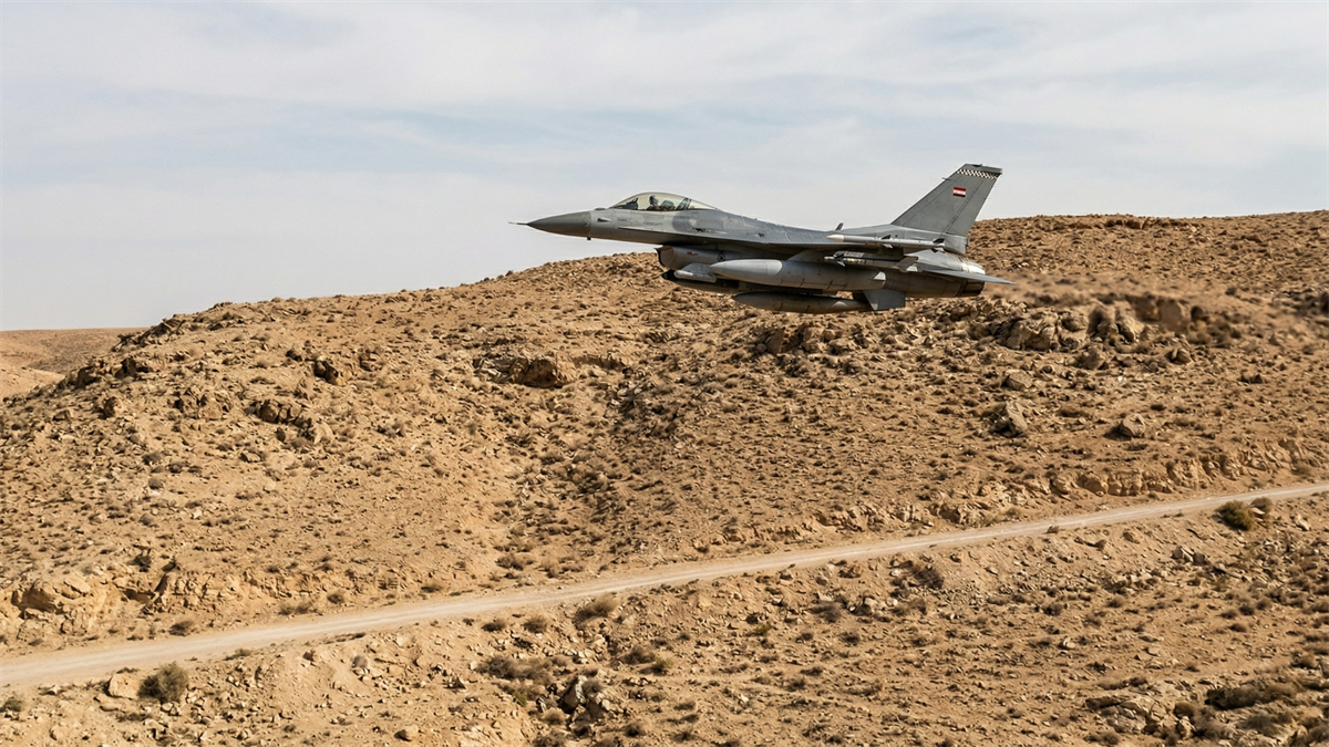 Fighter jet flying low over desert terrain, symbolizing defense sector activity amid rising geopolitical tensions and active ETF interest.