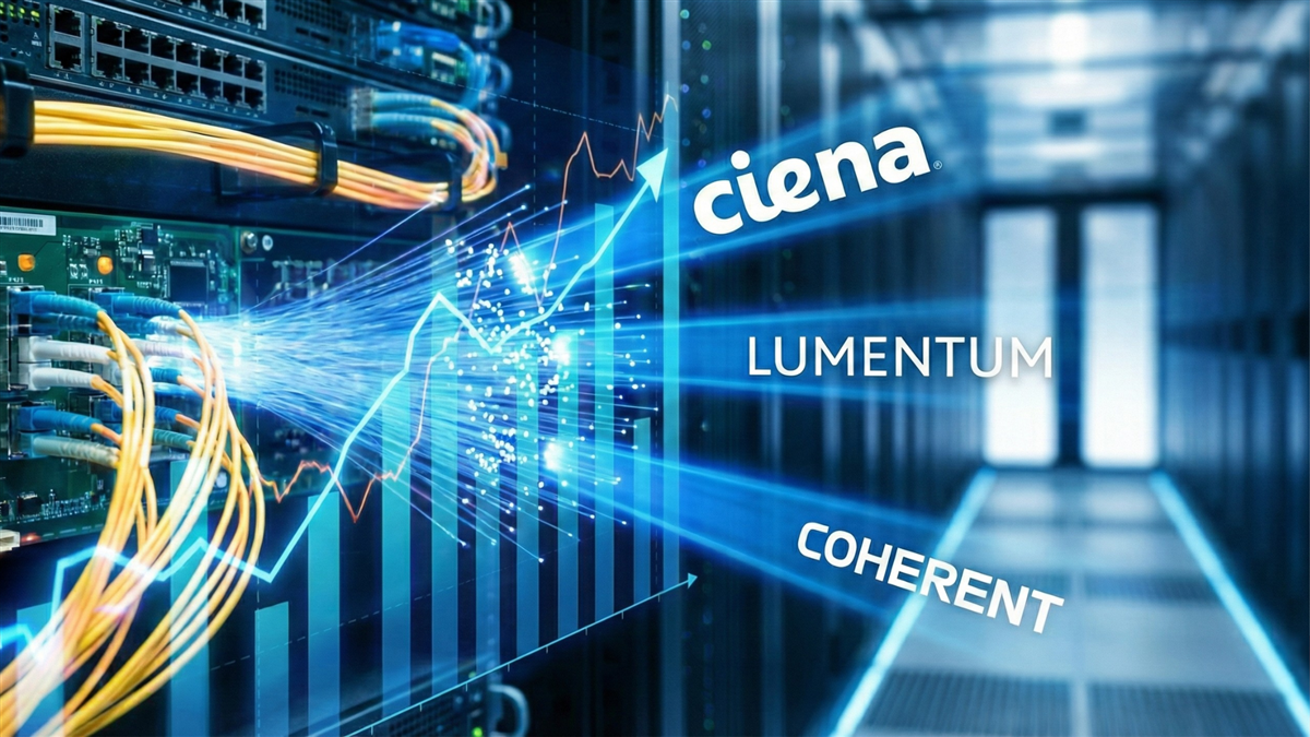 High-speed optical cables and server racks represent surging AI data-center demand boosting revenue for Ciena, Lumentum, and Coherent.