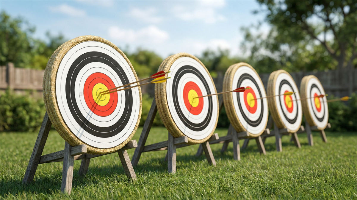 Five archery targets with arrows hitting bullseyes, symbolizing high-conviction stock picks reaching return targets.