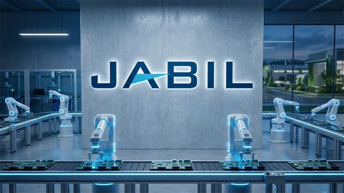 Jabil logo displayed inside an automated electronics manufacturing facility with robotic assembly lines.