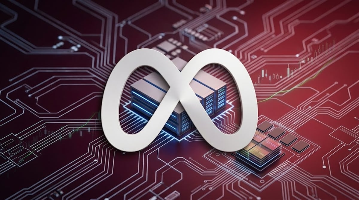 Meta Platforms logo displayed over a stylized circuit board with data servers and stock chart graphics.