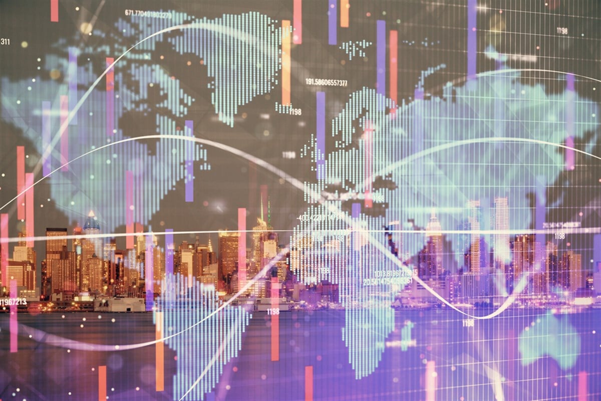 Double exposure of business theme hologram drawing and city veiw background. Concept of success.