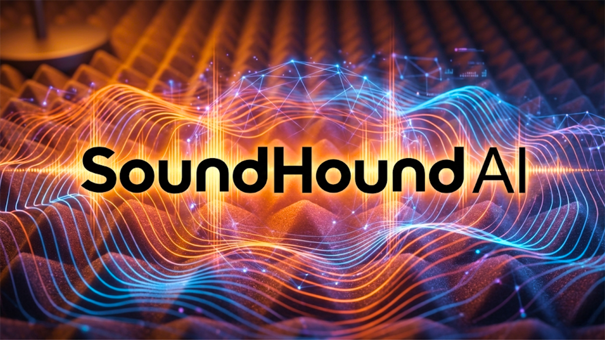 SoundHound AI logo over sound waves illustrates artificial intelligence voice technology amid focus on AI stocks.