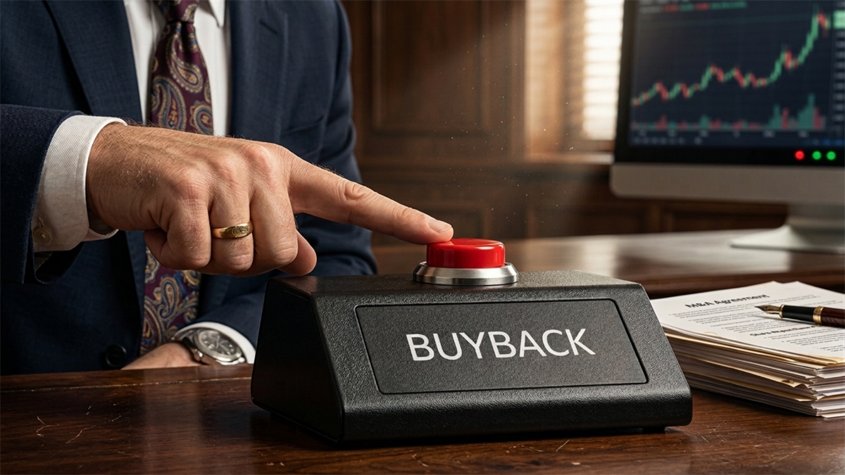 A suited executive presses a red button labeled "Buyback" on a desk with financial charts visible in the background.