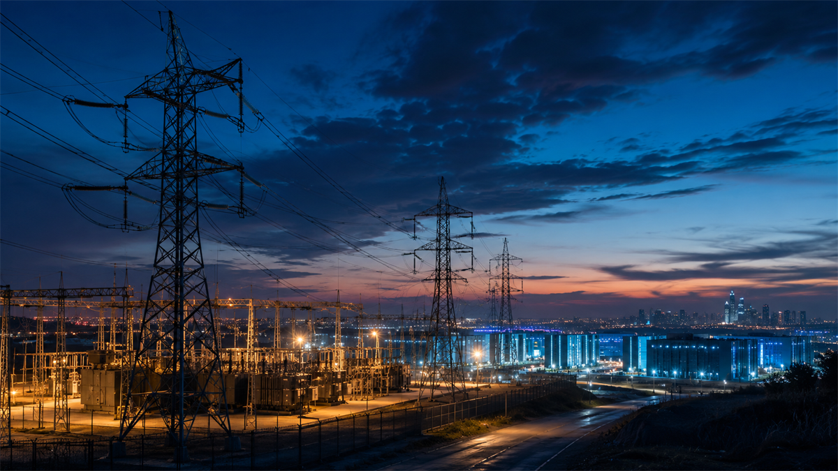 An electrical substation with high-voltage transmission towers and a city skyline at dusk.