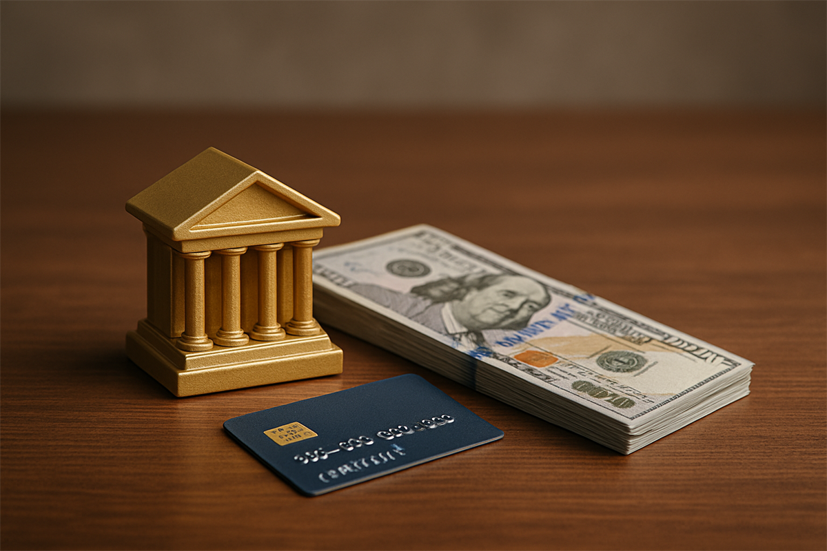 A credit card, bills, and other symbols representative of the banking industry.