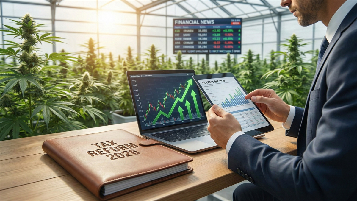 Investor reviews cannabis stocks in a greenhouse as tax reform 2026 and federal rescheduling drive sector profitability outlook.