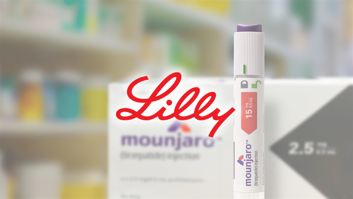 Lilly logo positioned in front of Lilly's weight loss drug, mounjaro.